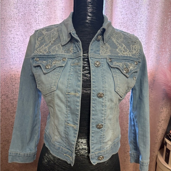 Miss Me Jackets & Blazers - Miss Me Light Blue Denim Jacket with Lace and Studs